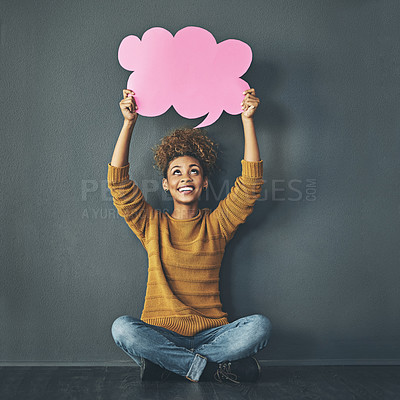 Buy stock photo Woman holding thought bubble, chat and speech board for voice opinion, chatting on social media and showing idea. Smiling excited creative thinking of promotion strategy, plan or innovating vision