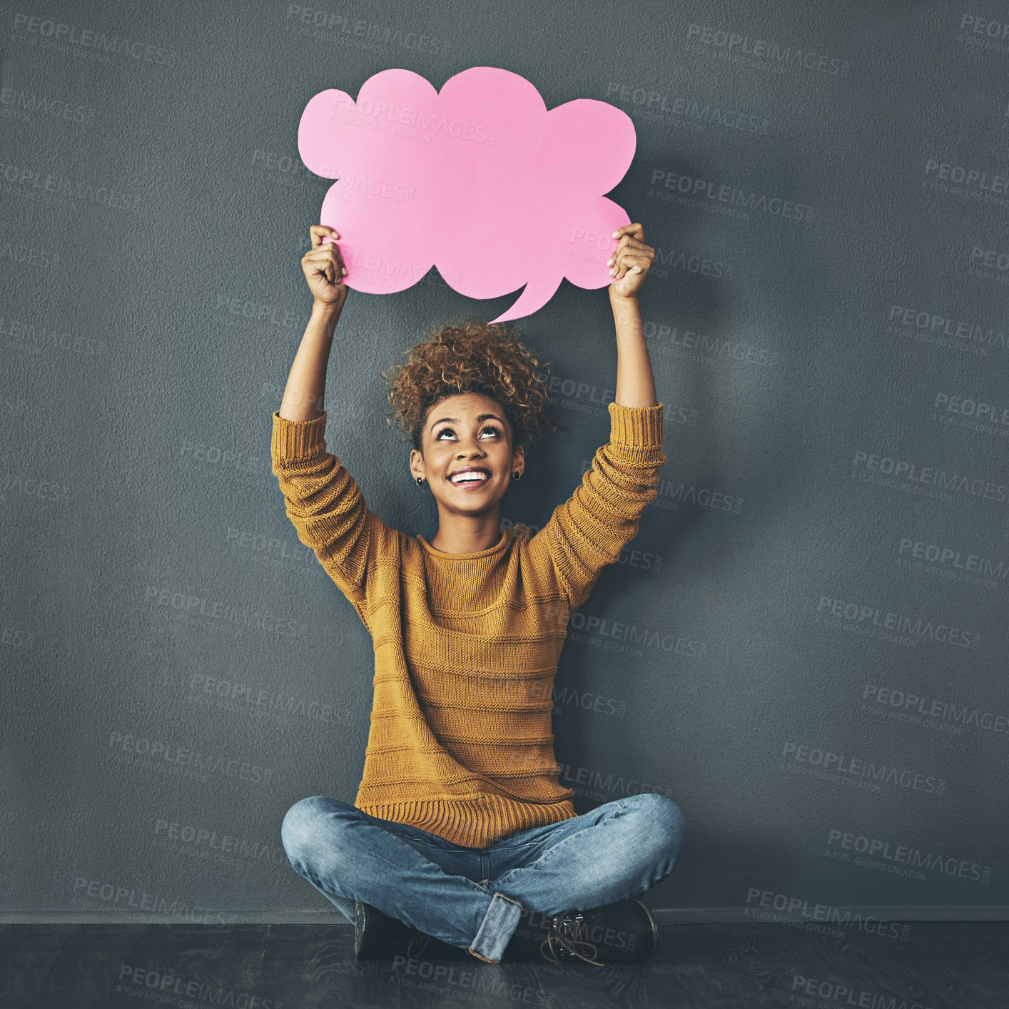 Buy stock photo Woman holding thought bubble, chat and speech board for voice opinion, chatting on social media and showing idea. Smiling excited creative thinking of promotion strategy, plan or innovating vision