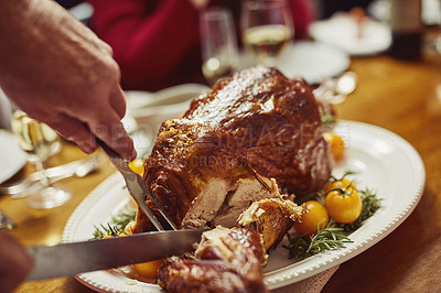 Buy stock photo Closeup shot of a person cutting into a turkey on a dining table