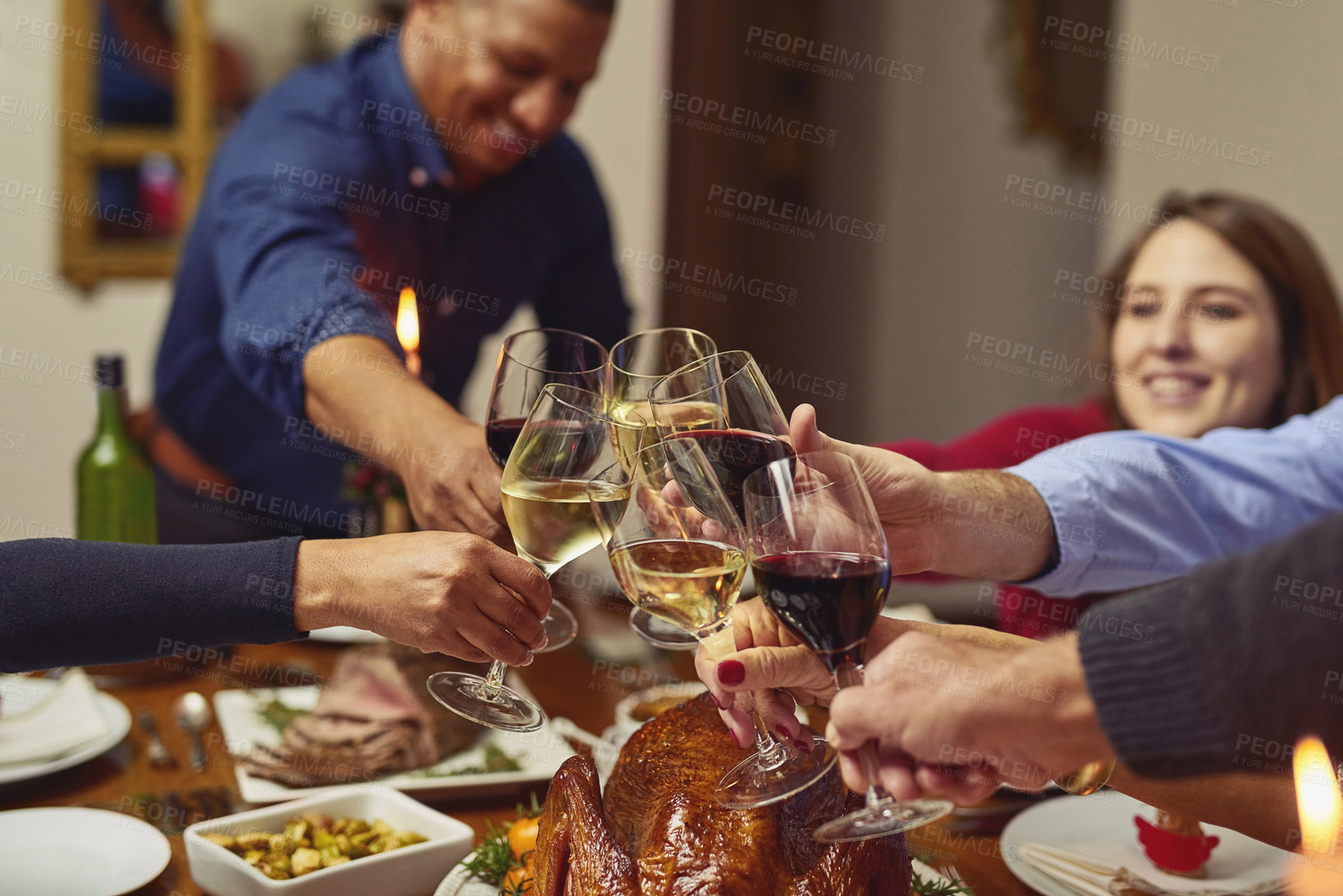 Buy stock photo Hands, turkey and cheers for feast, thanksgiving and meat for reunion of family, dinner or celebration. Chicken, glass and wine for toast, holiday or people in dining room, Christmas and food in home