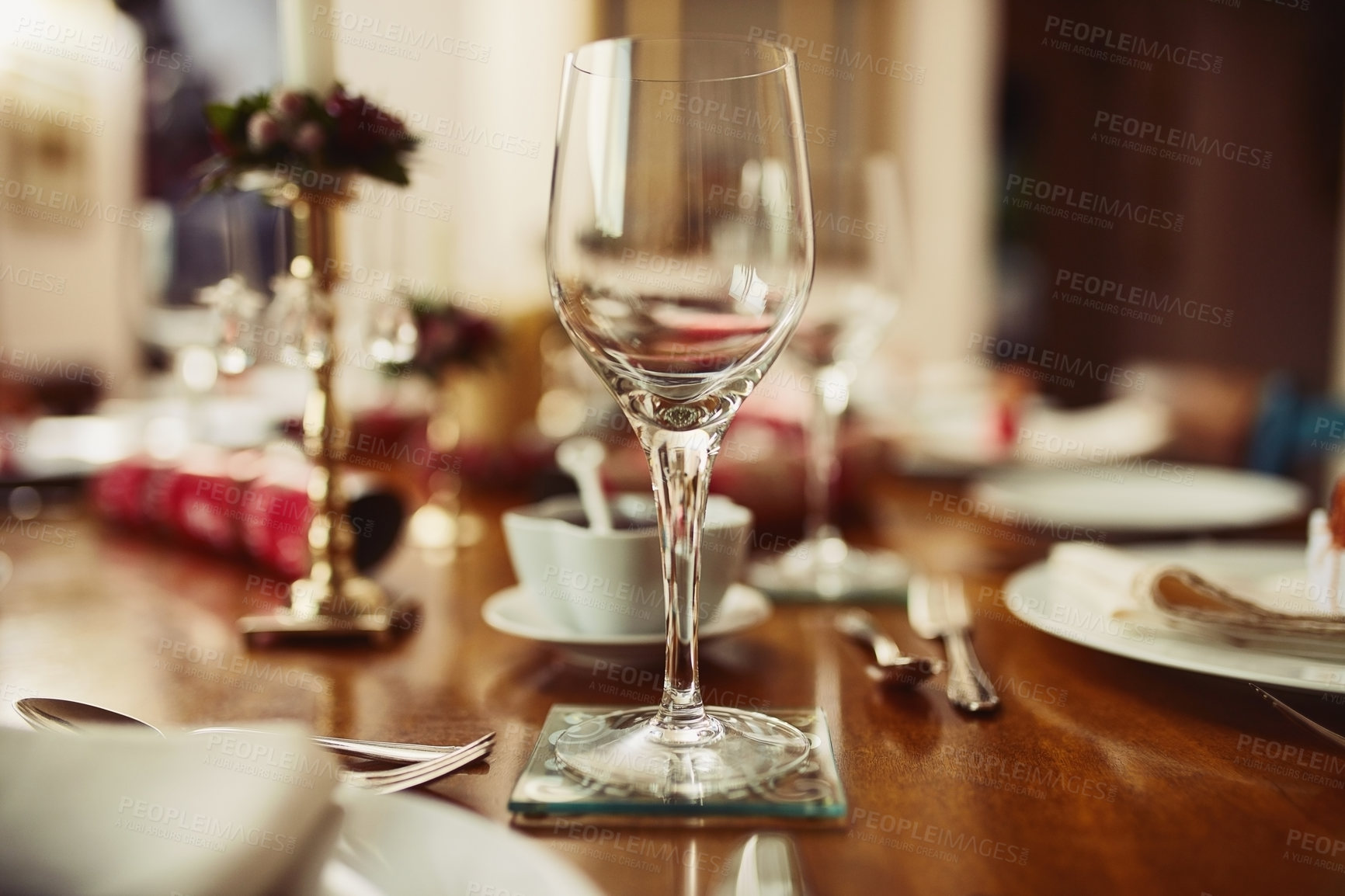 Buy stock photo Drink, glassware and dinner with party, celebration event with glass, Christmas and lunch at home for holiday. Table setting, alcohol and crockery for fine dining, December decoration and house