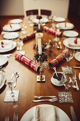 Buy stock photo High angle shot of a place setting on a table during Christmas