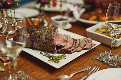 Buy stock photo Closeup shot of roast beef on a dining table