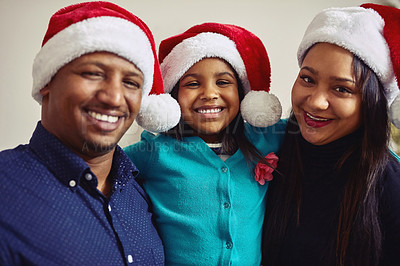 Buy stock photo Portrait of a family celebrating Christmas together at home
