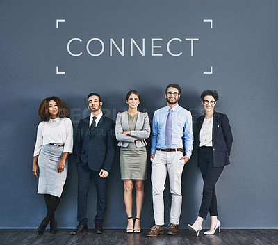Buy stock photo Success, teamwork and united community pose of business workers standing together. Modern global office team feeling confident and connected. Group of diverse staff posing with copyspace background