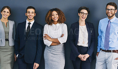 Buy stock photo Teamwork, success and confident pose of business office  worker team posing together and smiling. Happy corporate work professional group posing indoors. Community of modern business staff portrait