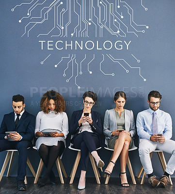 Buy stock photo Connected, communication and network of diverse businesspeople using technology, waiting for an interview. Professional group sitting in a row, applying for an International job