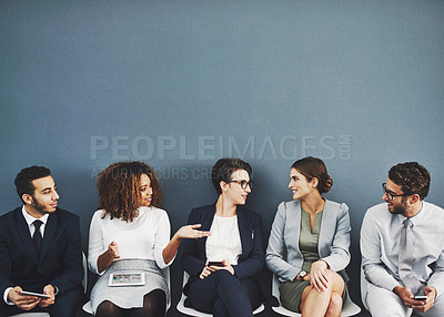 Buy stock photo Business people, we are hiring and conversation before a job interview waiting and sitting in line. Communication, technology and staff with diversity and discussing for recruit meeting with mockup