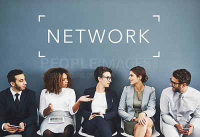 Buy stock photo Business people talking, networking and sitting with the word network above. Candid of a group of young corporate professionals in a conversation before an interview and building work relationships