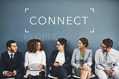 Buy stock photo Studio shot of businesspeople talking while waiting in line with the word network above them against a gray background