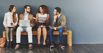 Buy stock photo Business people, hiring wait and work conversation before a job interview and sitting in line. Communication, technology and staff with diversity and discussing for recruit meeting with mockup