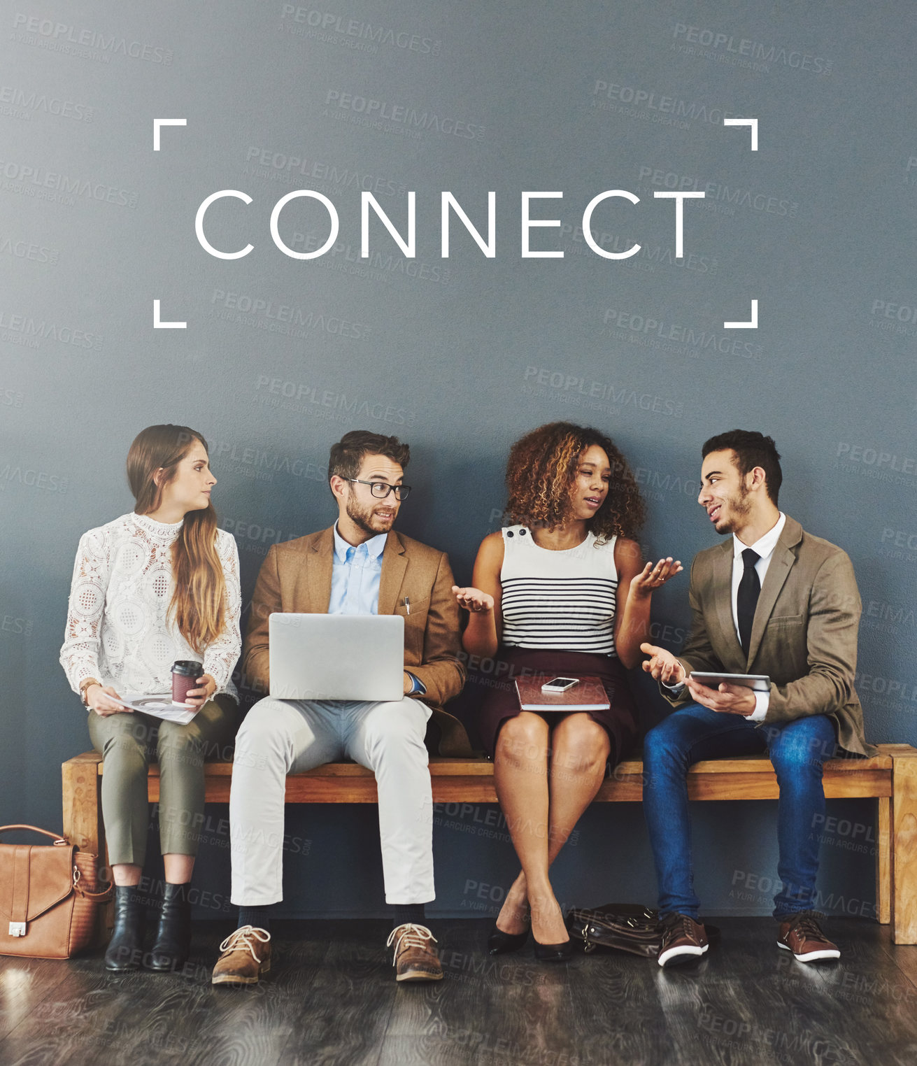 Buy stock photo Studio shot of businesspeople using wireless technology in a line with the word connect above them against a gray background