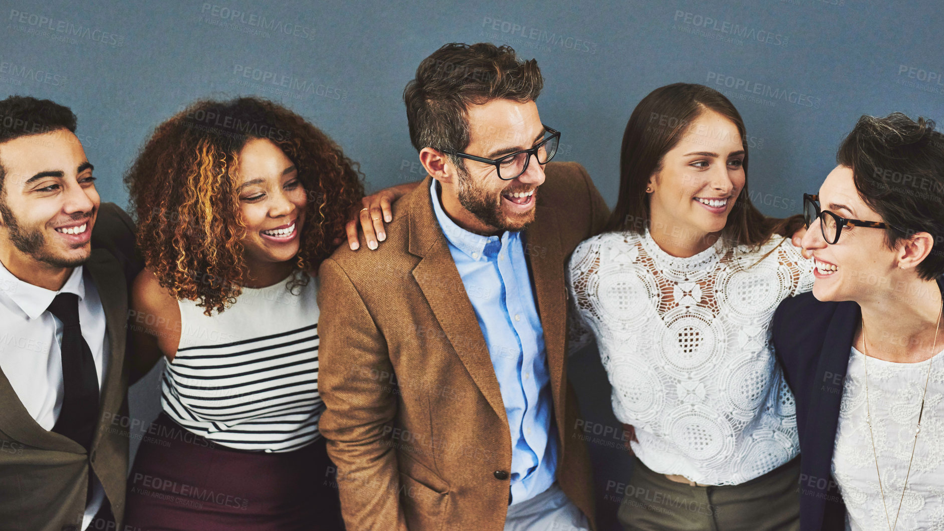 Buy stock photo Business, diversity and laughing with group of friends in studio on gray background for collaboration. Corporate, teamwork and face of funny employee men and women together for career or occupation