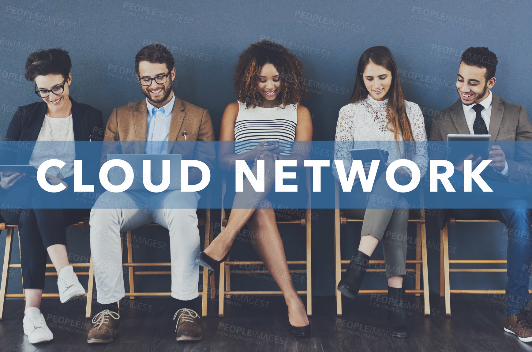 Buy stock photo Studio shot of businesspeople using wireless technology with the words cloud network superimposed over them against a gray background