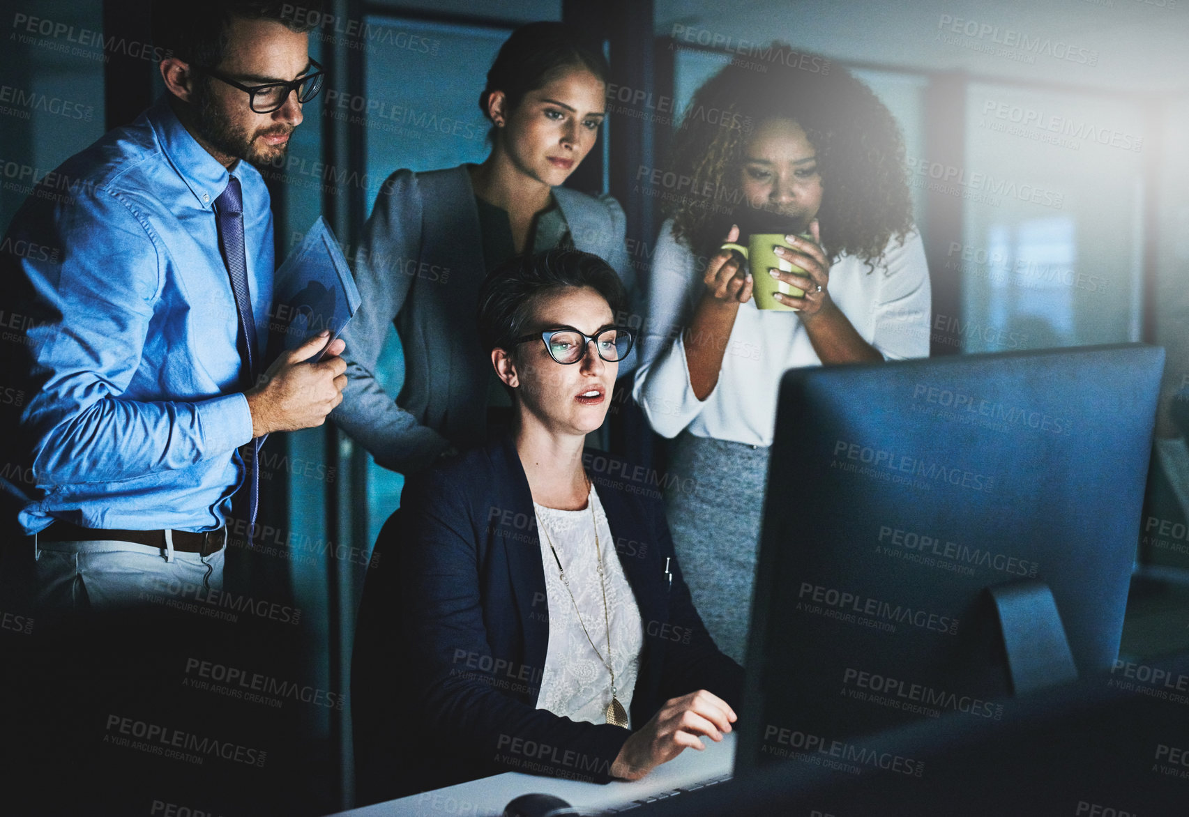 Buy stock photo Group, night and business people on computer for planning project research on deadline. Team, collaboration and discussion of strategy, brainstorming ideas or marketing manager drink coffee in office