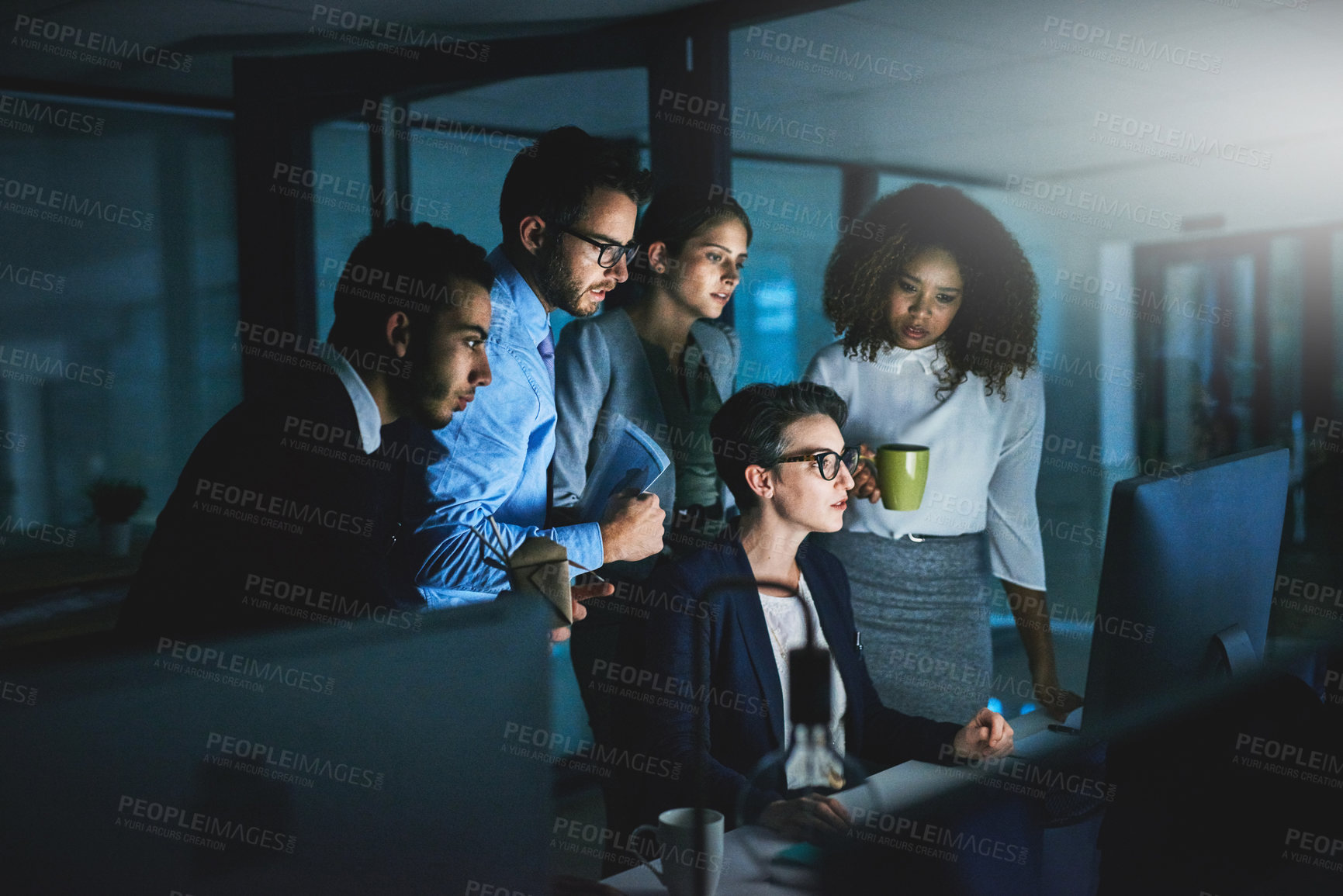 Buy stock photo Group, night and business people on computer for training or discussion on project deadline. Team, collaboration and planning strategy with finance manager drinking coffee or eating food in office