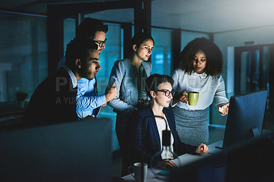 Buy stock photo Group, night and business people on computer for discussion or training on project deadline. Team, collaboration and planning solution, brainstorming or problem solving with finance manager in office