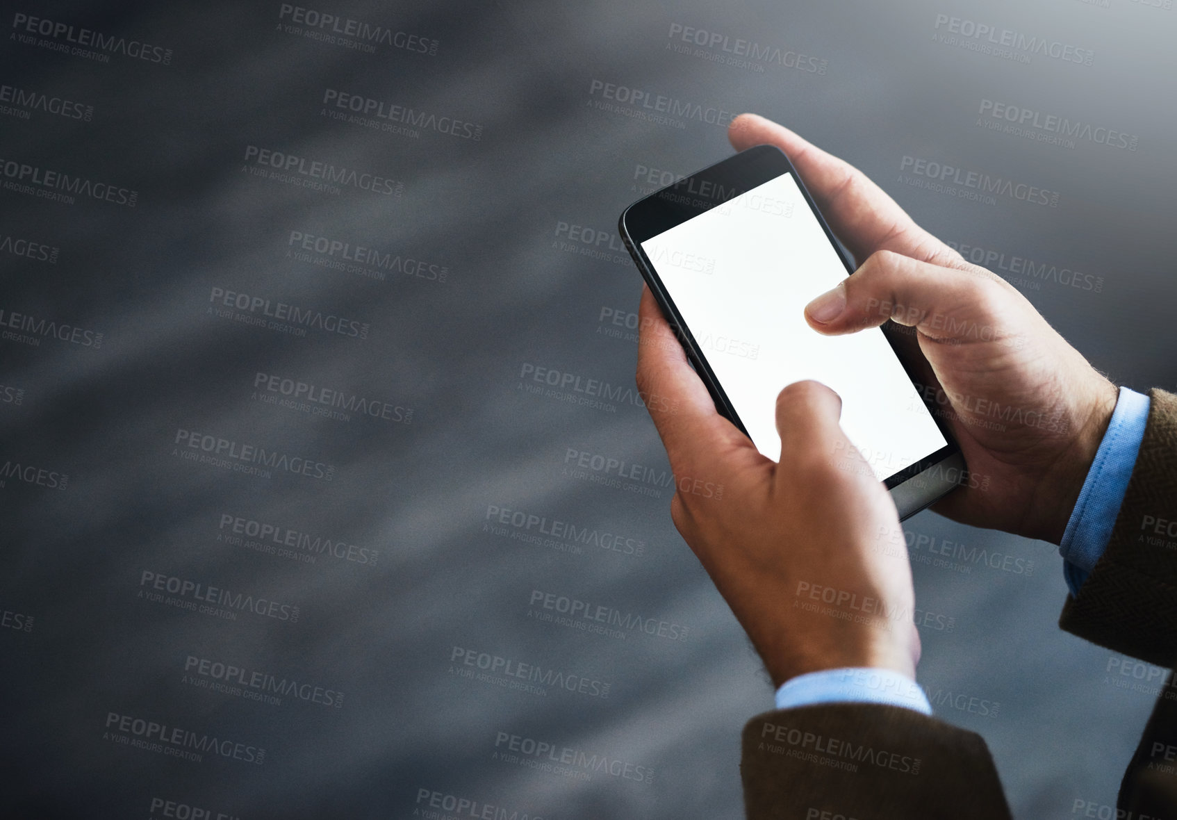 Buy stock photo Mockup, phone screen and hands of businessman in office for website, social media and internet. Mobile app, space and worker typing on smartphone for research, online contact and email in workplace