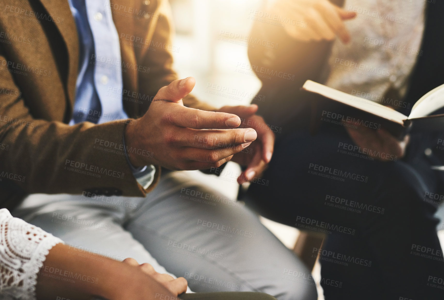 Buy stock photo Hands, business people and group with notebook in office for planning, brainstorming and discussion at startup. Staff, team and meeting in circle for synergy, strategy and solution at creative agency