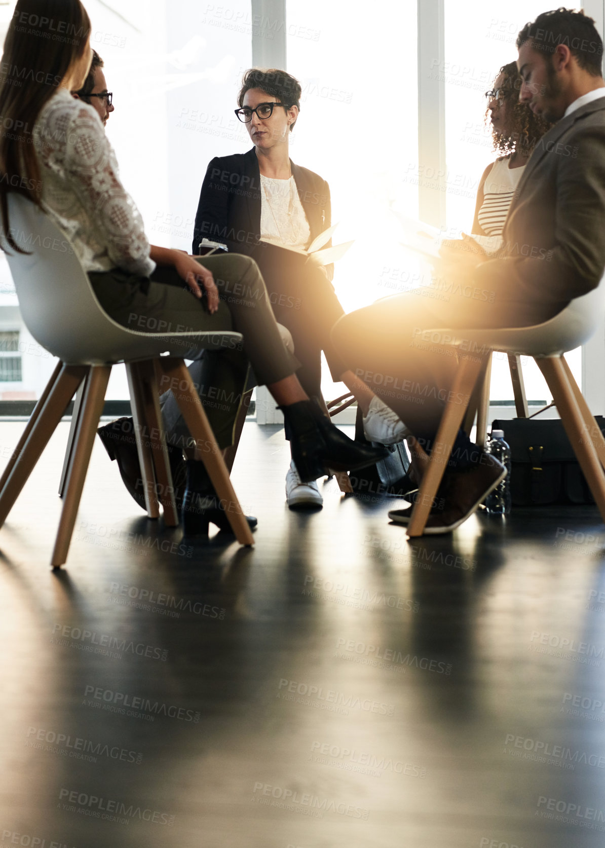 Buy stock photo Workshop, planning and mentor with business people in office for feedback review, agenda and team update. Progress report, discussion group and employees in meeting for brainstorming project