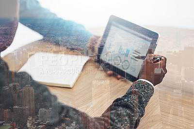 Buy stock photo Multiple exposure shot of businesspeople using a digital tablet superimposed over a cityscape