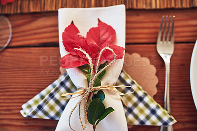 Buy stock photo Thanksgiving, holiday and cutlery for festive, layout and closeup of decoration, cloth and creative. Restaurant, fork and catering for event, celebration and dinner of top view, feast and preparation