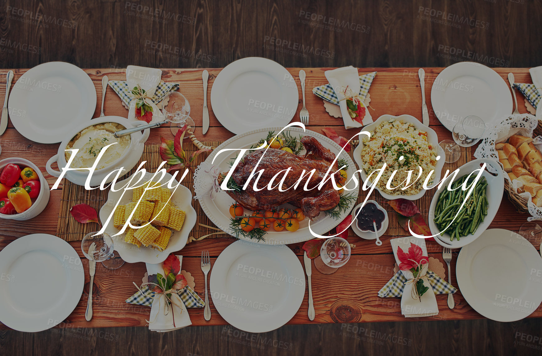 Buy stock photo Thanksgiving, message or top view of turkey table for gratitude overlay, food or holiday lunch in home. Text, background and festive celebration for dining meal with words, plate or feast tradition