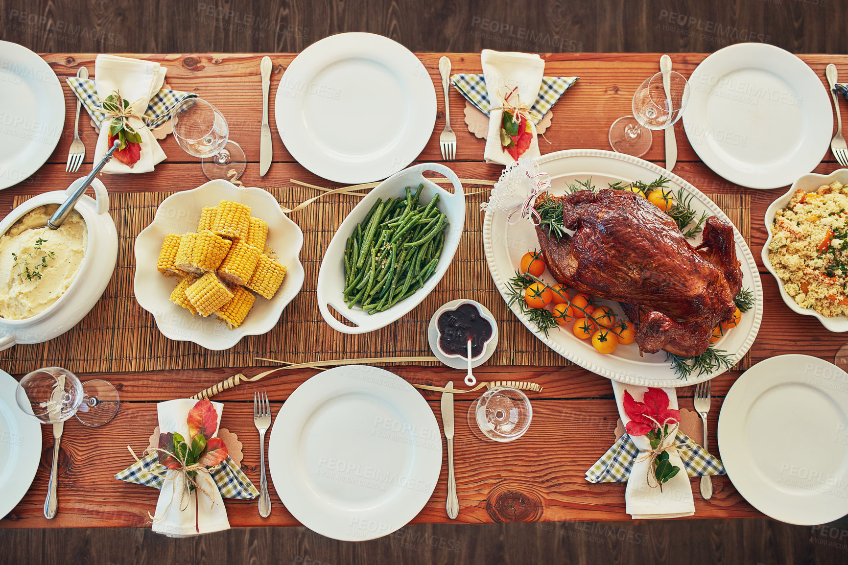 Buy stock photo Thanksgiving, meal or top view of turkey table for gratitude, diet and grace holiday lunch in home. Roast, background and festive celebration for dining feast with color, plate or food for tradition