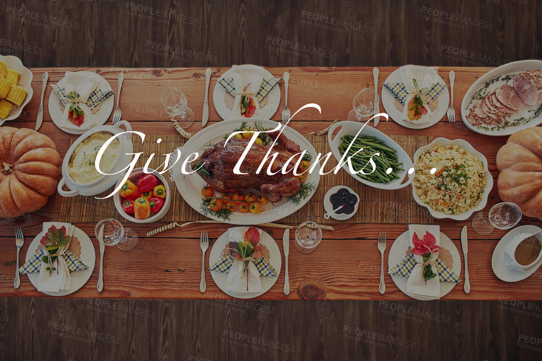 Buy stock photo Thanksgiving, text or top view of food table for gratitude overlay, turkey or holiday lunch in home. Message, background and festive celebration for dining meal with words, plate or feast tradition