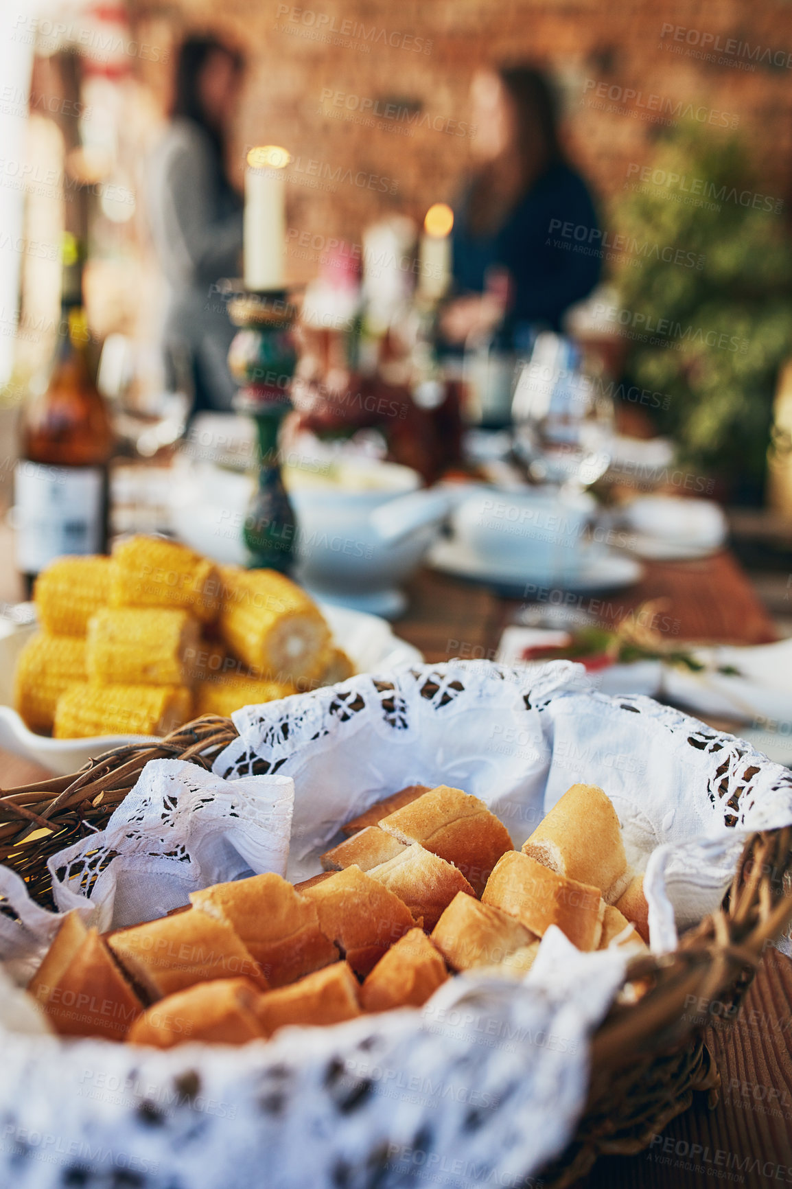 Buy stock photo Food, holiday and bread in basket, table and easter with festive, healthy and religion in dining room. Closeup, top view and celebration for Pasqua in Italy, breakfast or meal in morning for ceremony