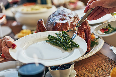 Buy stock photo Cropped shot green beans being served during a feast at a dining table