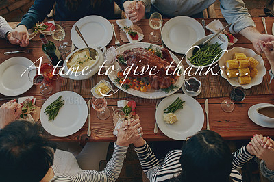 Buy stock photo High angle shot of people sitting at a dining table with a text overlay