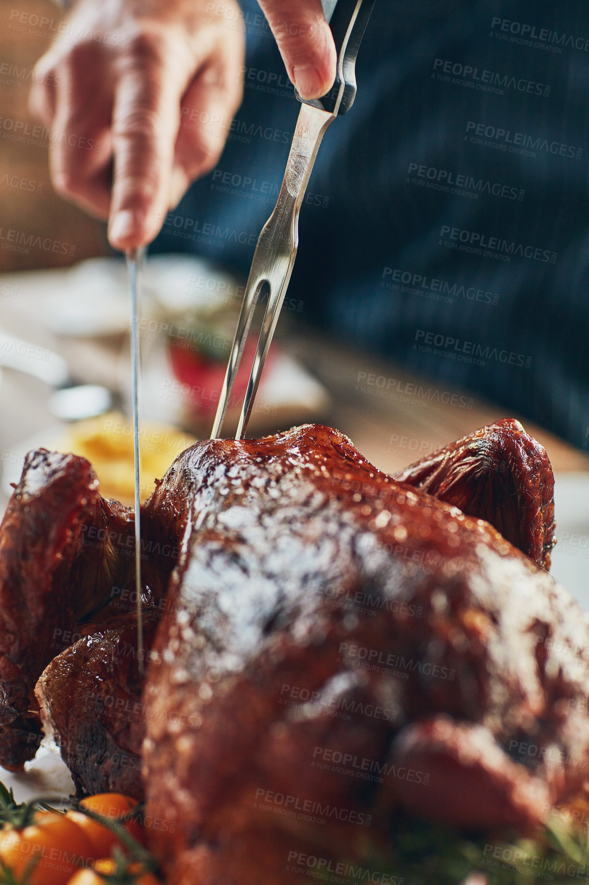 Buy stock photo Hands, dinner or cutting turkey for thanksgiving celebration, festive holiday or buffet feast. People, food or carving meat in home at social gathering, event or eating at party closeup for nutrition