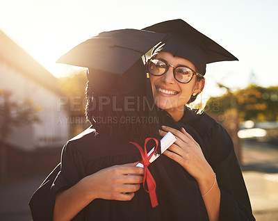 Buy stock photo Hug, students and graduation pride in outdoor, diploma celebration and solidarity for support. People, friends and certified together for university success, embrace and degree achievement goals