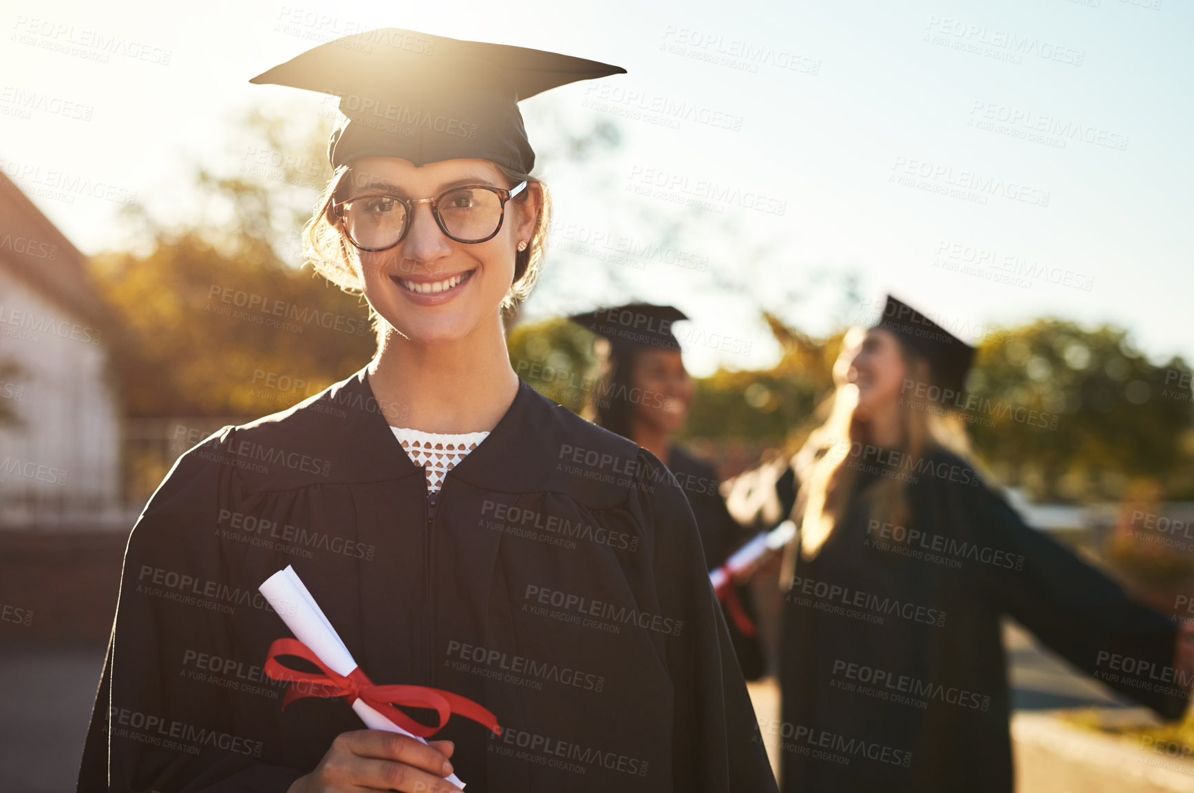 Buy stock photo Portrait, graduate student and happy woman with certificate outdoor to celebrate success or learning goal. Face, glasses or girl at graduation with diploma scroll for education achievement at college