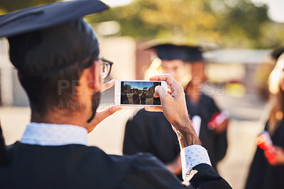 Buy stock photo Phone, students and graduation on outdoor screen, diploma celebration and capture memory. People, friends and certified together for university success, social media post and support for victory