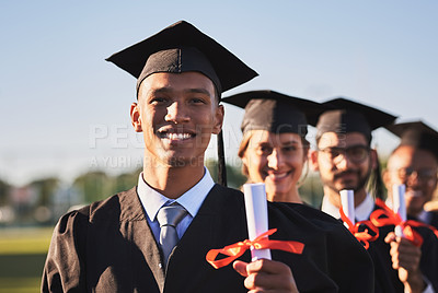 Buy stock photo Celebration, portrait and students with black man graduate outdoor on campus with friends for ceremony or event. Certificate, education and graduation with group of happy people at university