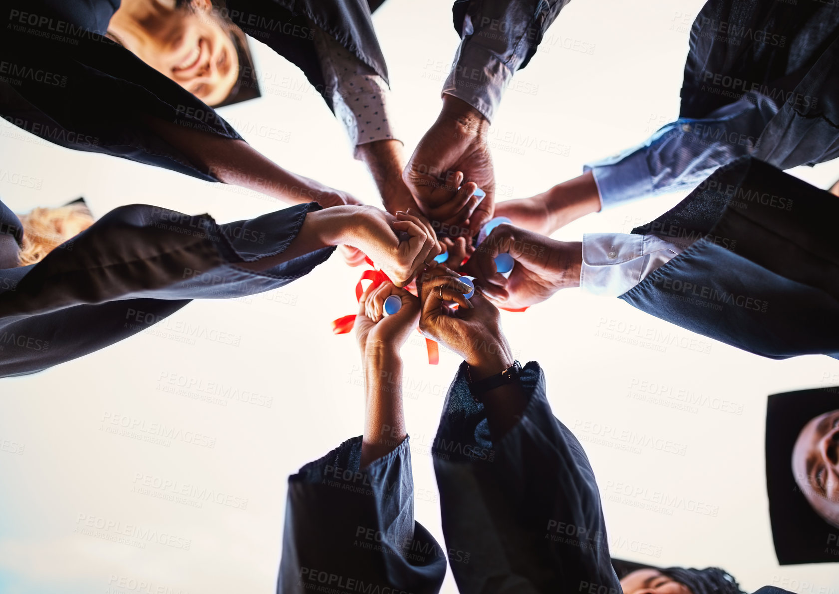 Buy stock photo Graduation, certificate and hands of student team for celebration, goal and circle below outdoor. People, group and graduate with diploma for education achievement, success and huddle at university