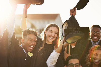 Buy stock photo Celebration, education and graduation with student friends outdoor on campus for ceremony event. Diversity, motivation or success with happy graduate men and women at college or university together