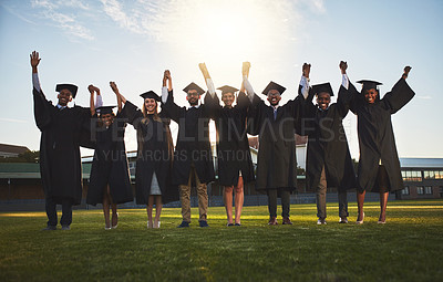 Buy stock photo College, graduation and portrait of people holding hands for learning, achievement and success. Happy, friends and students with celebration in row at field for qualification, knowledge and education