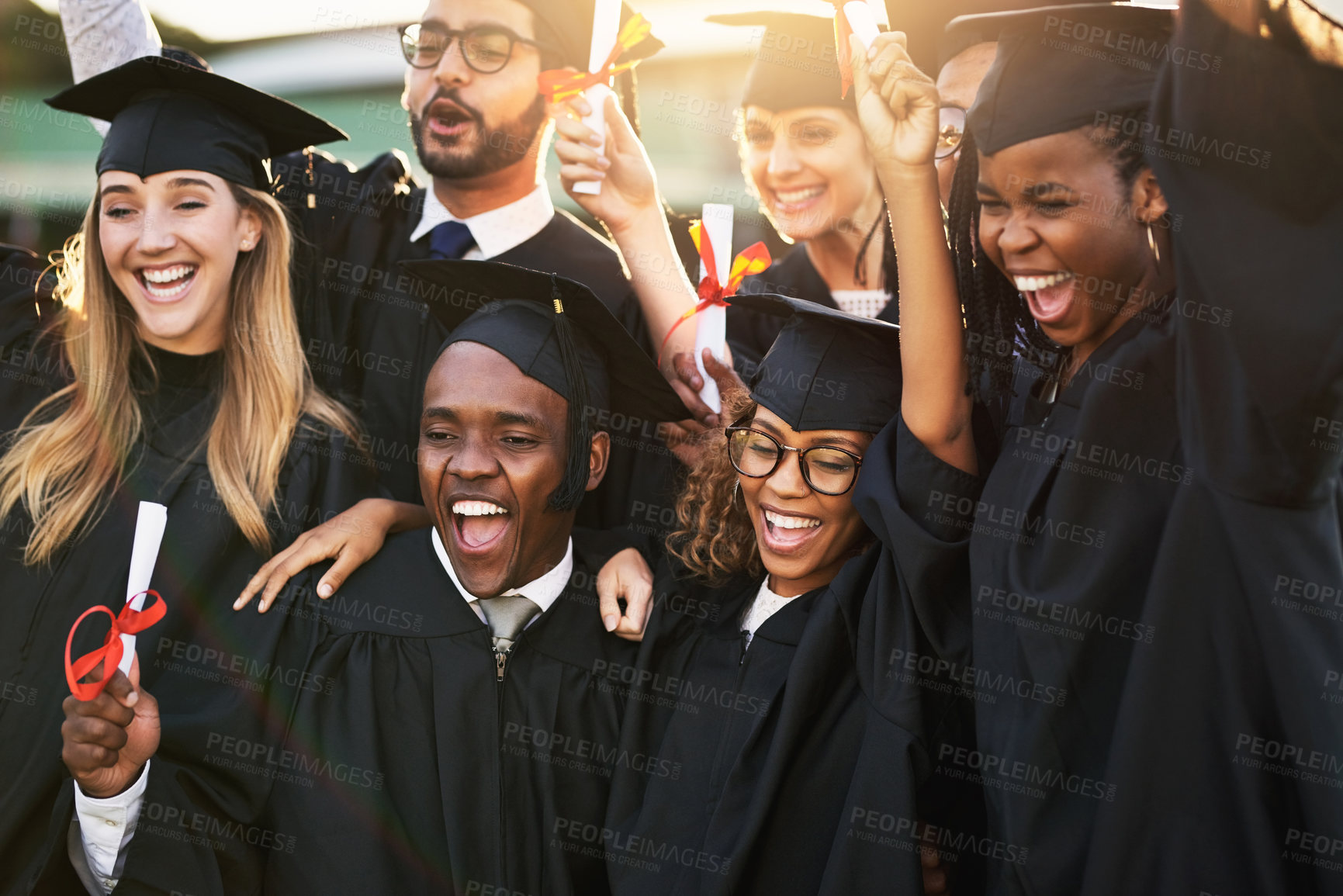 Buy stock photo Students, happy and graduation people on campus, excited and university farewell for education or knowledge. Diploma, celebration ceremony and achievement with friends, academic and smile or success