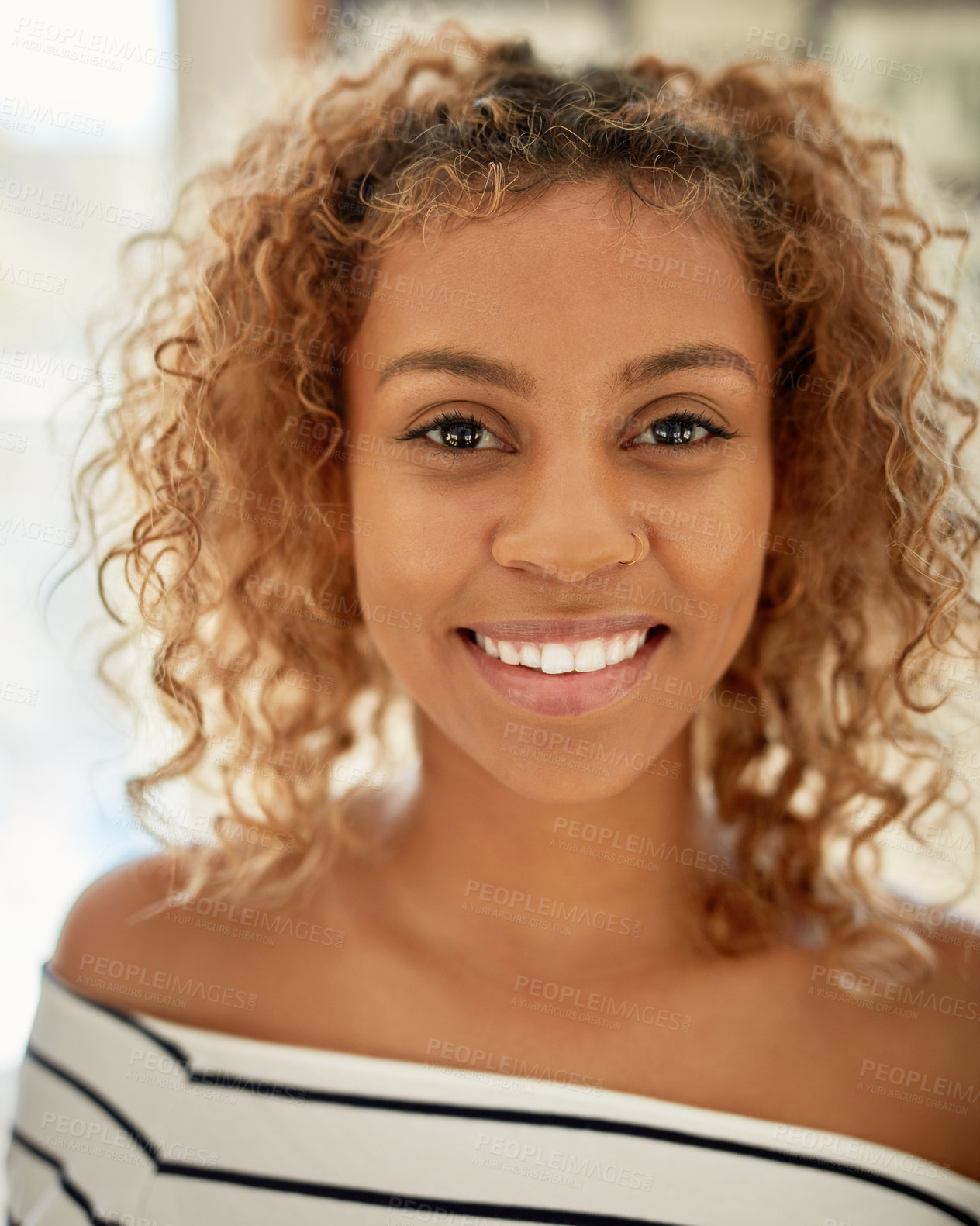 Buy stock photo Learning, portrait and smile with African woman in campus hallway of college for development. University, growth and academic person with opportunity for student knowledge or scholarship in Nigeria