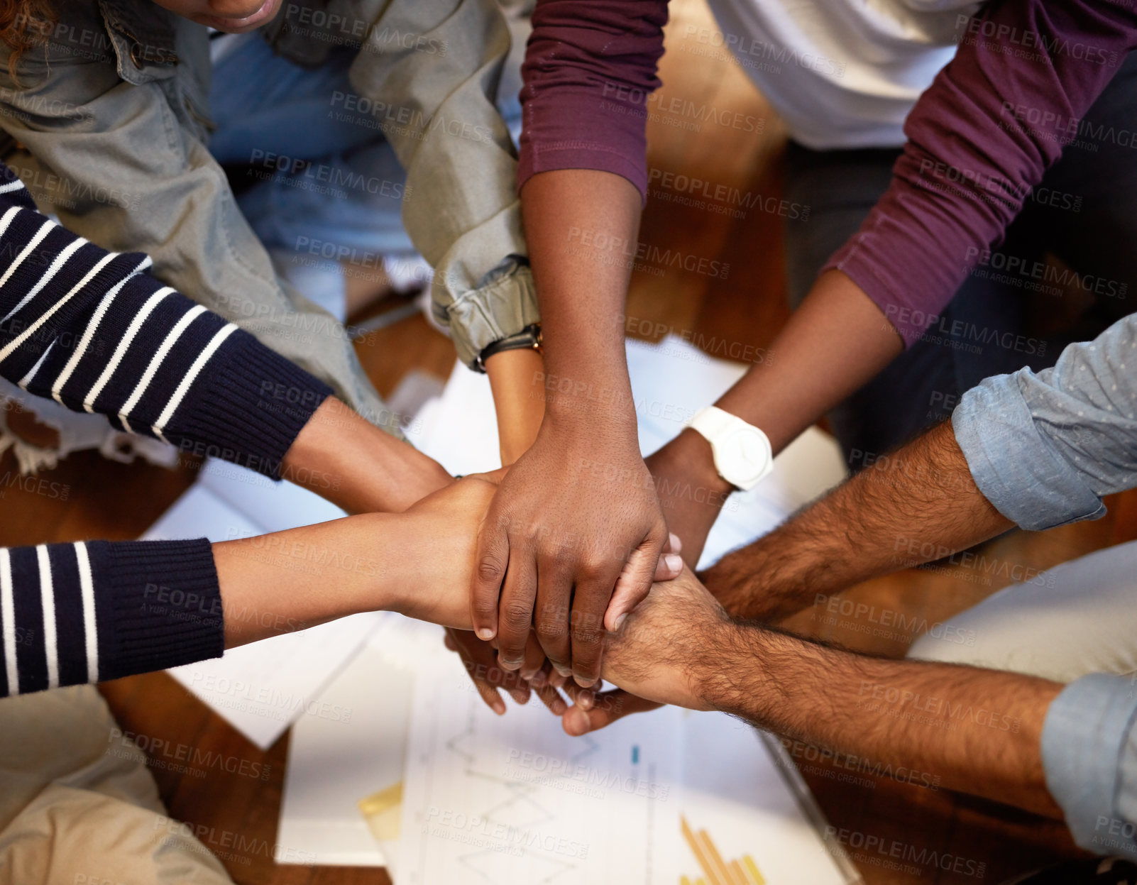 Buy stock photo University students, people and pile of hands at for team building, collaboration and teamwork unity. Education, college learner and together for revision or study group for assignment and exams