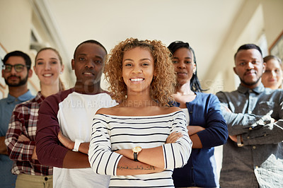 Buy stock photo Portrait of a diverse group of students standing together at campus