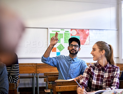 Buy stock photo Cropped shot of an university student hand raised in class
