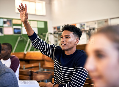 Buy stock photo Cropped shot of an university student hand raised in class