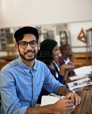 Buy stock photo Portrait of an university student sitting in class