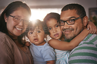 Buy stock photo Love, selfie and family hug in happy home for bonding, relax and enjoying quality time for care together in Mexico. Portrait, children and face of mother, father and embrace in living room with smile