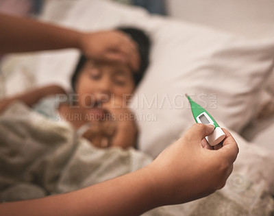 Buy stock photo Kid, bed and sick with thermometer on hand for high temperature or flu and ill at home. House, people and parent in bedroom with allergy, cold and virus or disease with care, support and trust