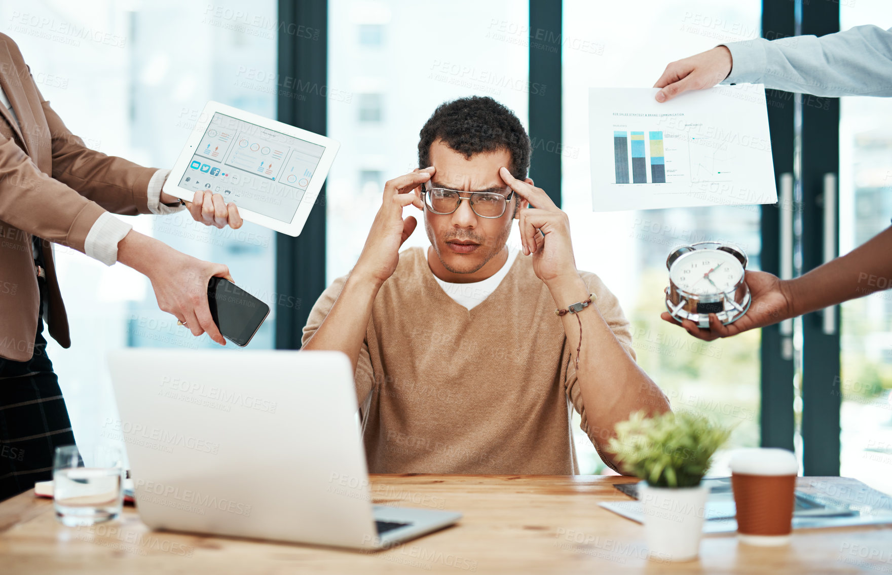 Buy stock photo Man, headache and group with hands, office and burnout with charts, laptop and tired with phone. Person, frustrated and time management with reminder, tablet and sales report with at creative agency